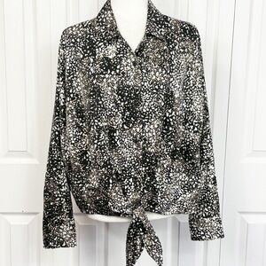 Nine West Black Multi Print Long Sleeve Tie Front Button Up Shirt XL